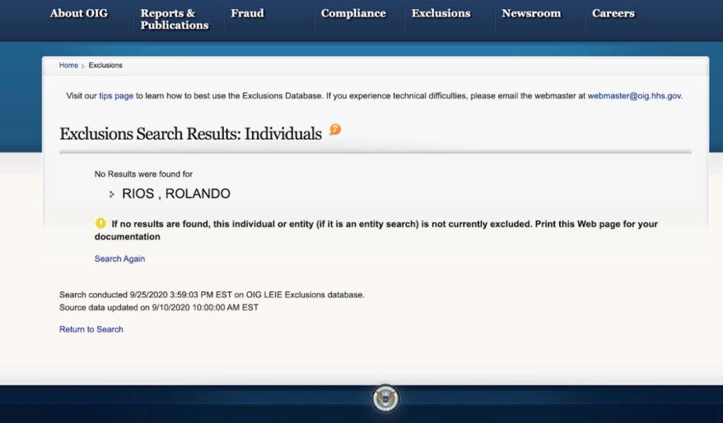 Exclusion Not Found for Rios, Rolando