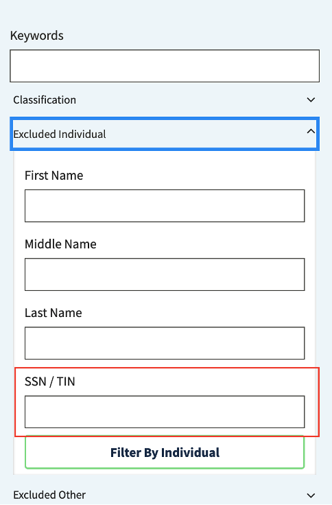screenshot from SAM.gov of new search filter UI with a blue outline around Excluded Individual Classification selector and a red outline around the SSN/TIN input field