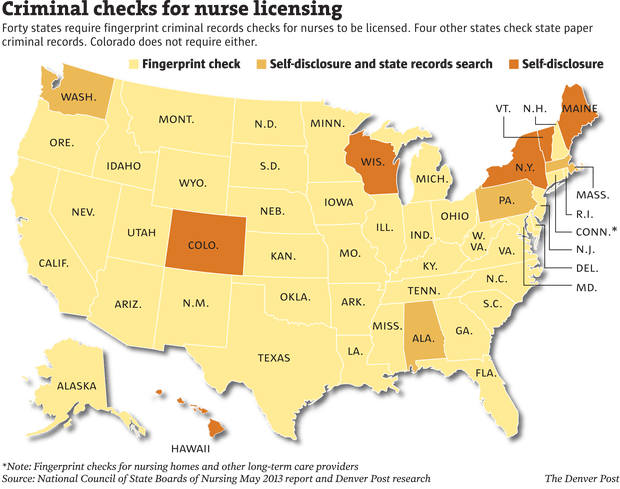 a map of the the us showing where criminal checks for nurse licensing occur
