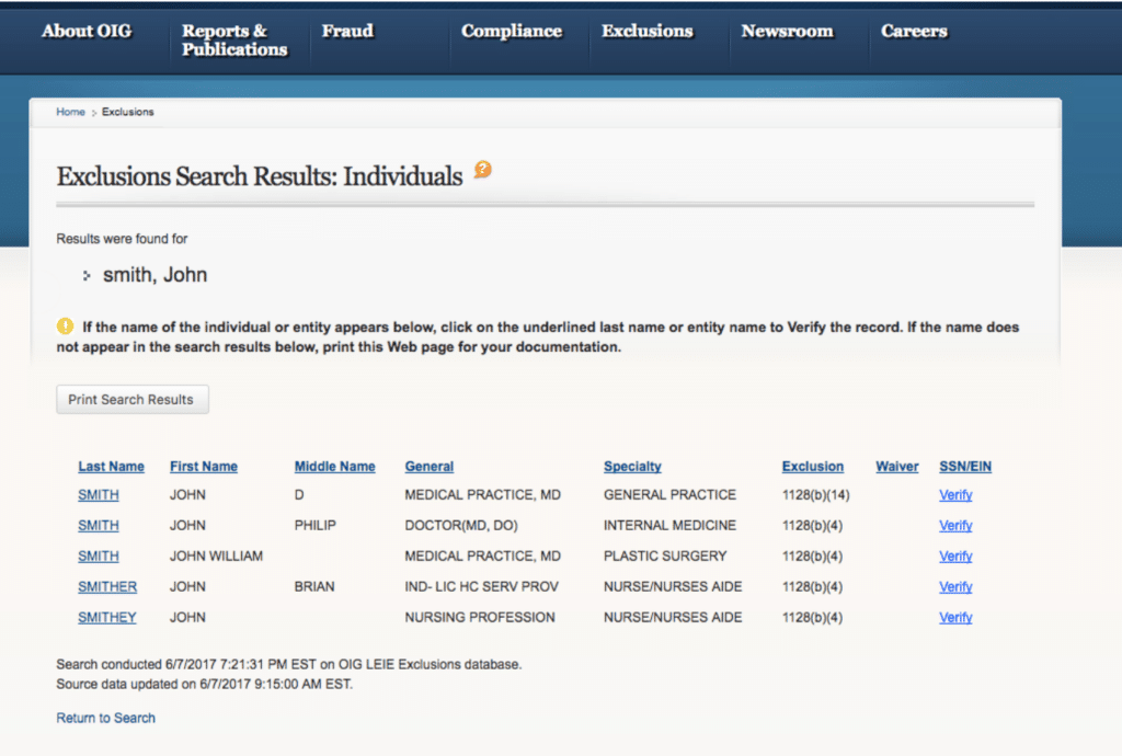 a screenshot of the OIG exclusion search page. it depicts search results for a provider named "john smith".