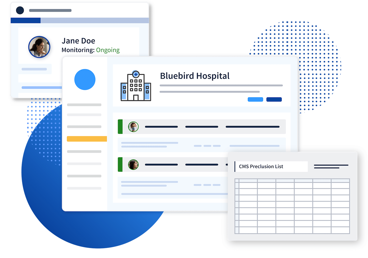 Illustration of a hospital paperwork file and a CMS preclusion list
