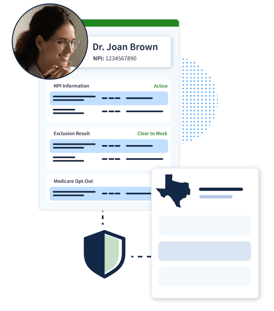 Woman's provider profile depicting her status as clear, double-checked against state records from Texas